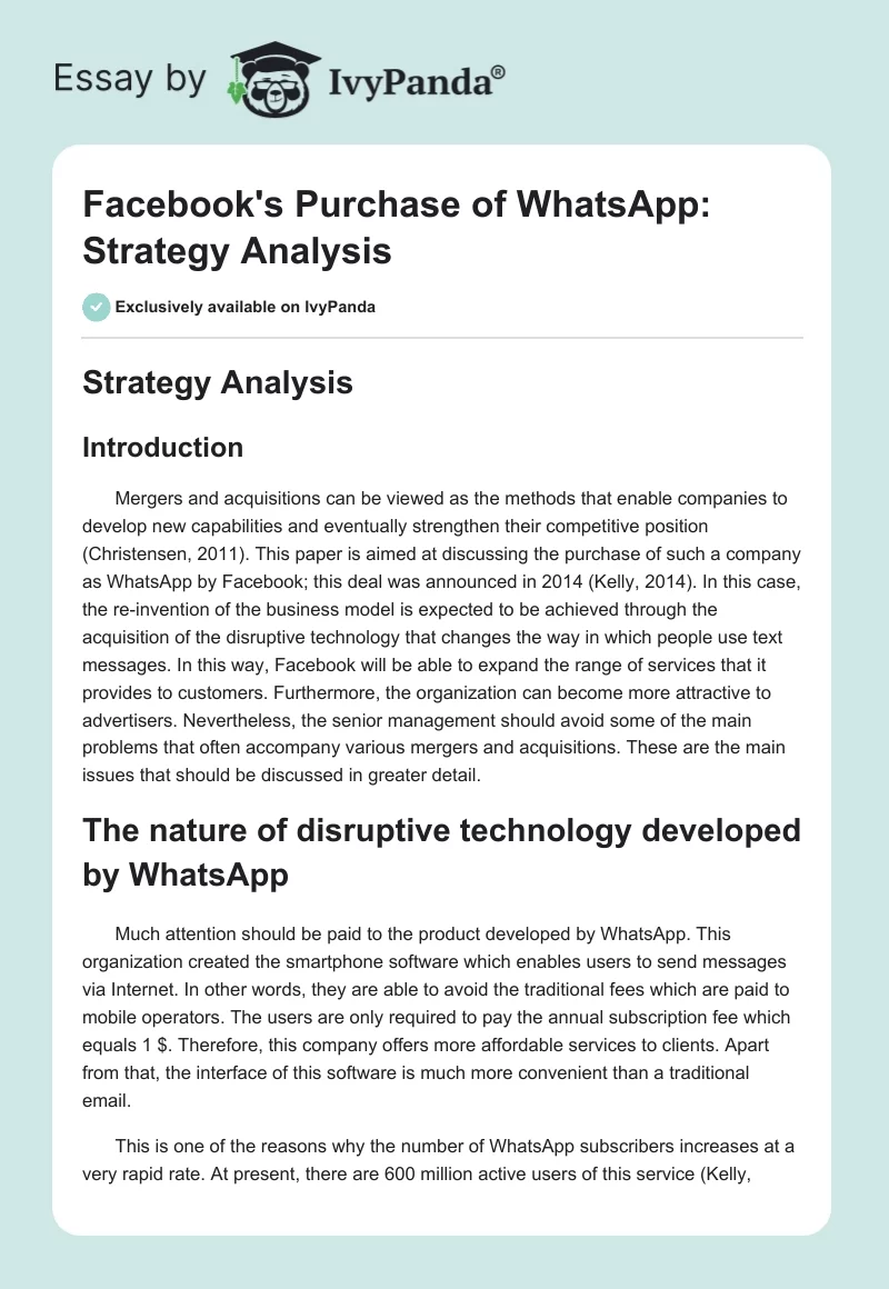 Facebook's Purchase of WhatsApp: Strategy Analysis. Page 1
