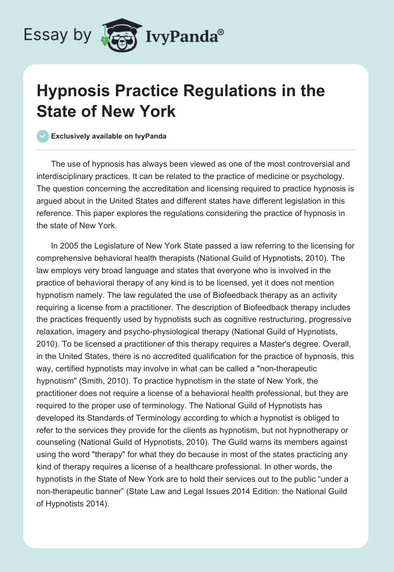 Hypnosis Practice Regulations in the State of New York. Page 1