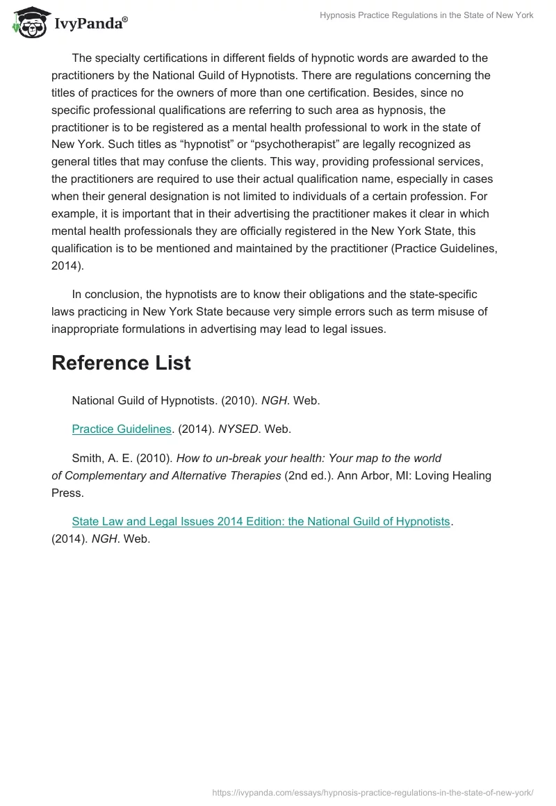 Hypnosis Practice Regulations in the State of New York. Page 2