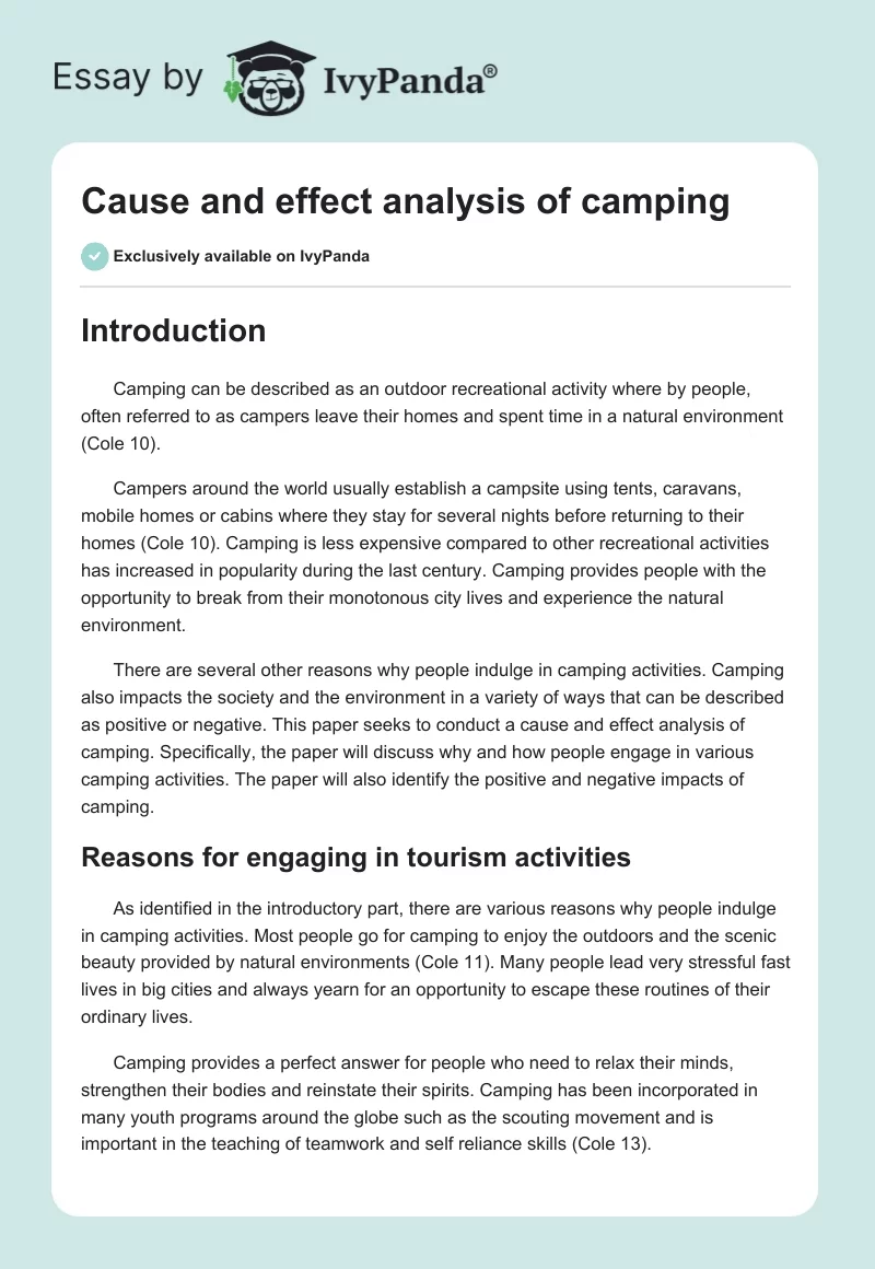 Cause and effect analysis of camping. Page 1
