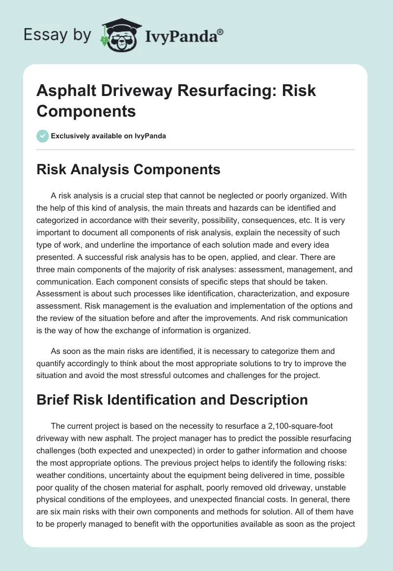 Asphalt Driveway Resurfacing: Risk Components. Page 1