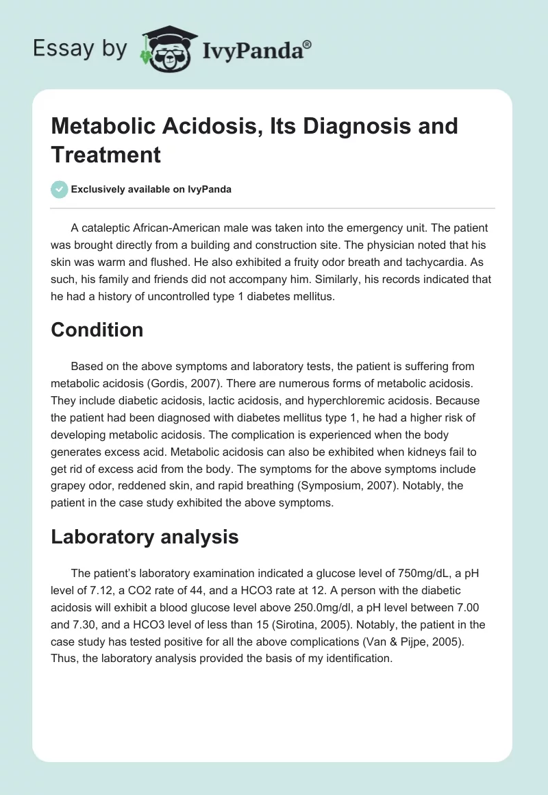 Metabolic Acidosis, Its Diagnosis and Treatment. Page 1