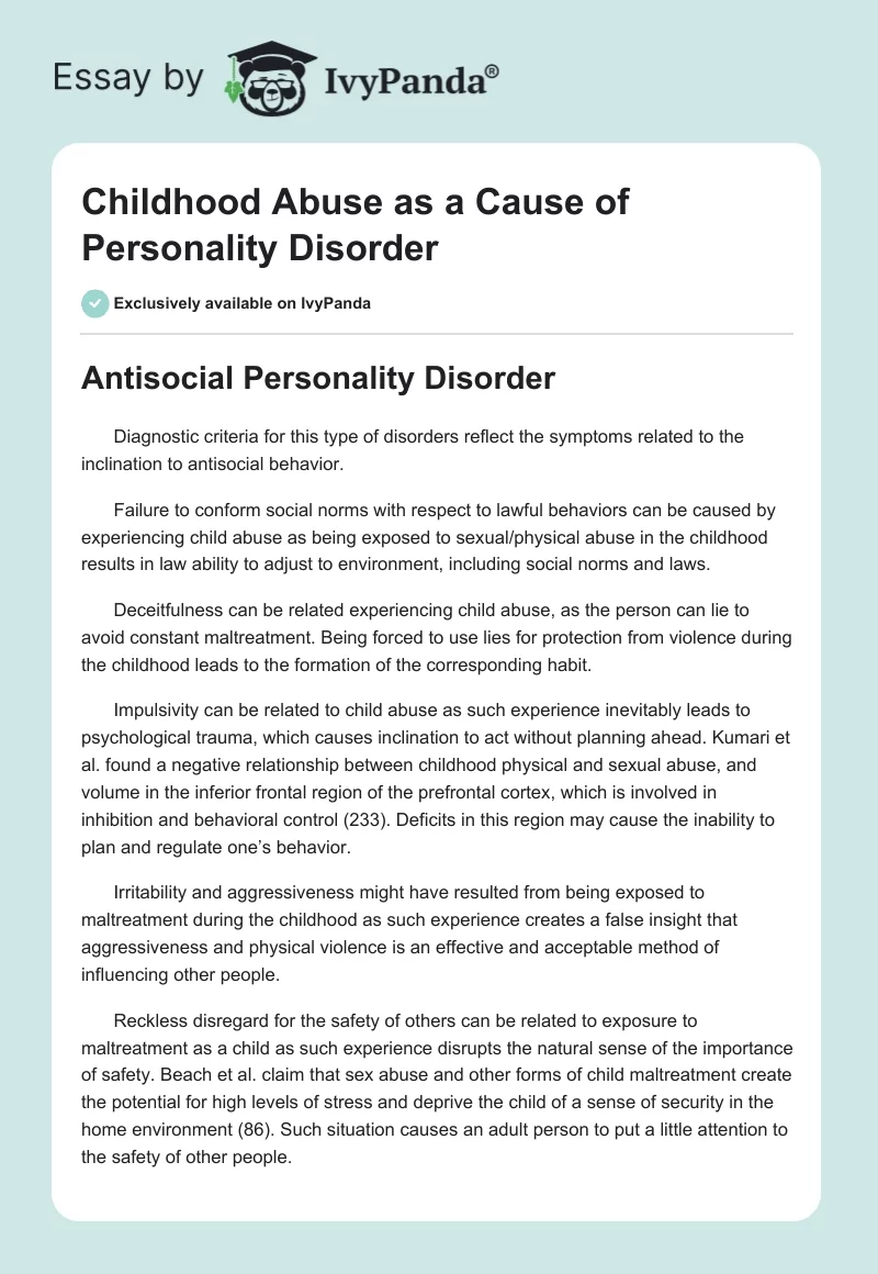 Childhood Abuse as a Cause of Personality Disorder. Page 1