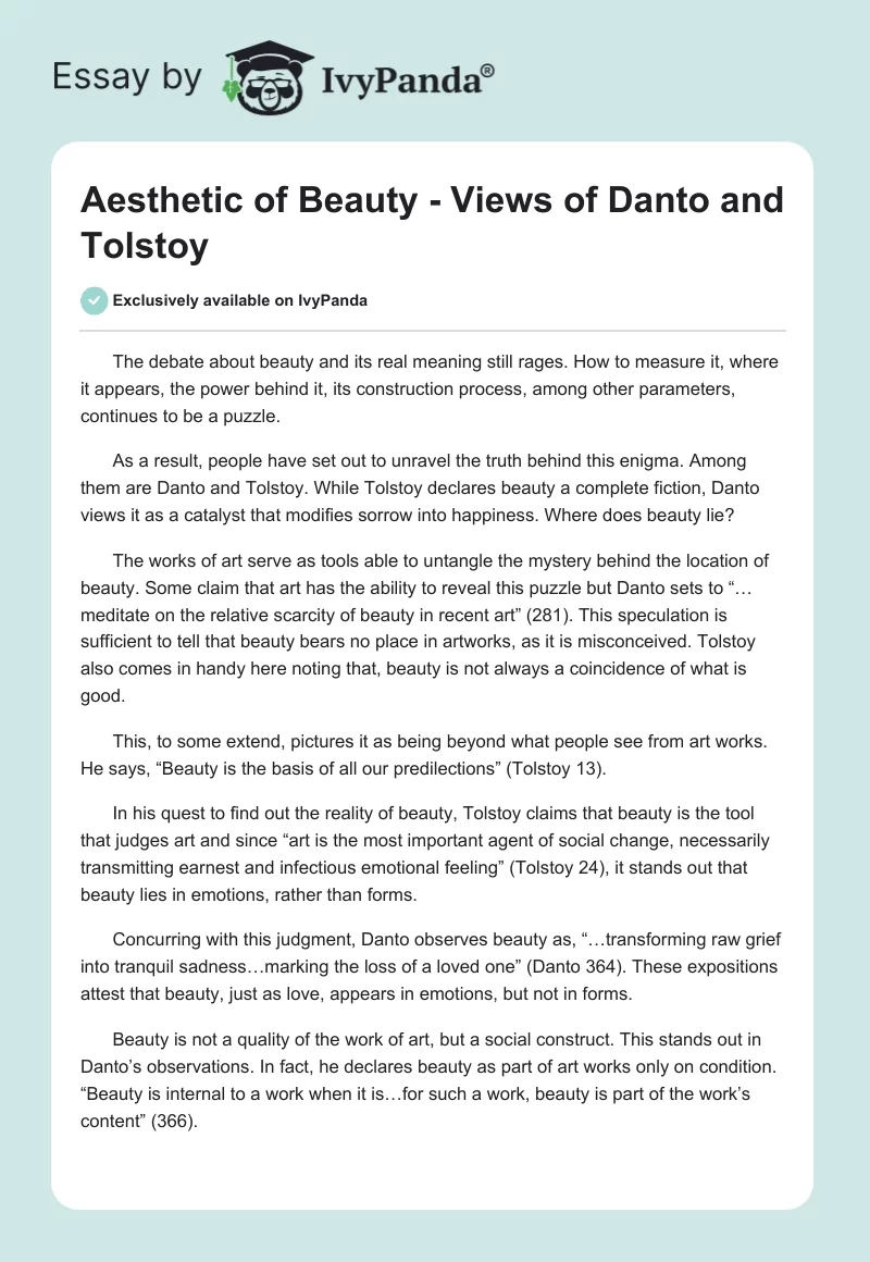 Aesthetic of Beauty - Views of Danto and Tolstoy. Page 1
