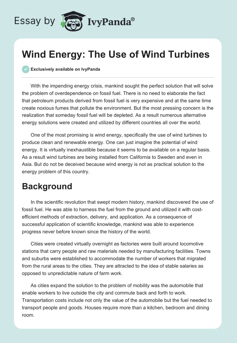 Wind Energy: The Use of Wind Turbines. Page 1