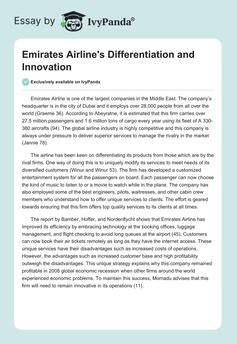 Emirates Airline's Differentiation and Innovation. Page 1