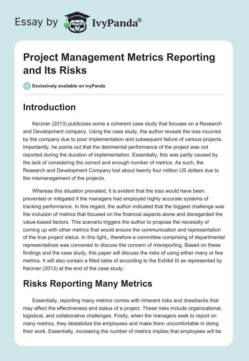Project Management Metrics Reporting and Its Risks. Page 1