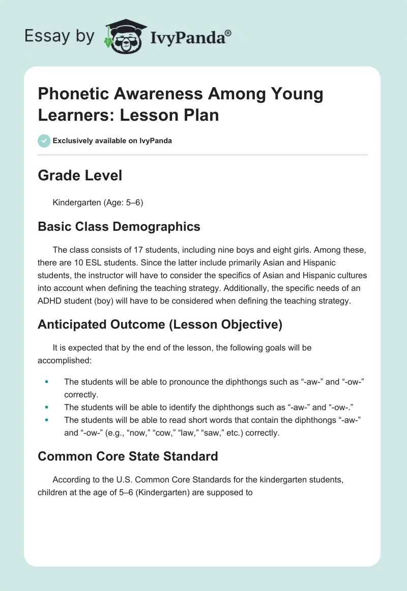Phonetic Awareness Among Young Learners: Lesson Plan. Page 1