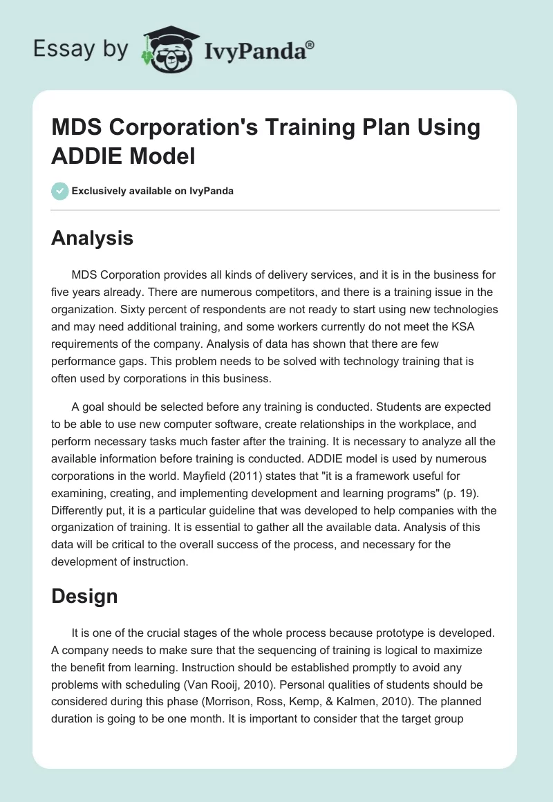 MDS Corporation's Training Plan Using ADDIE Model. Page 1