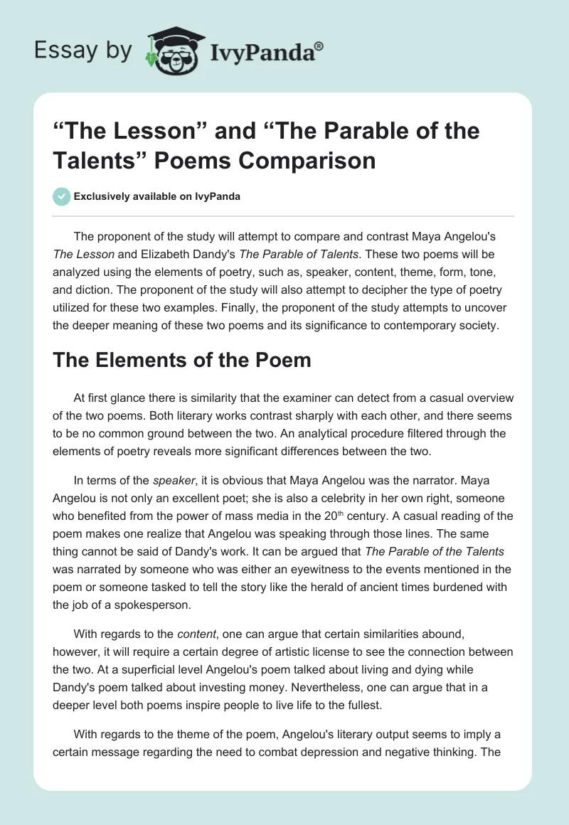“The Lesson” and “The Parable of the Talents” Poems Comparison. Page 1