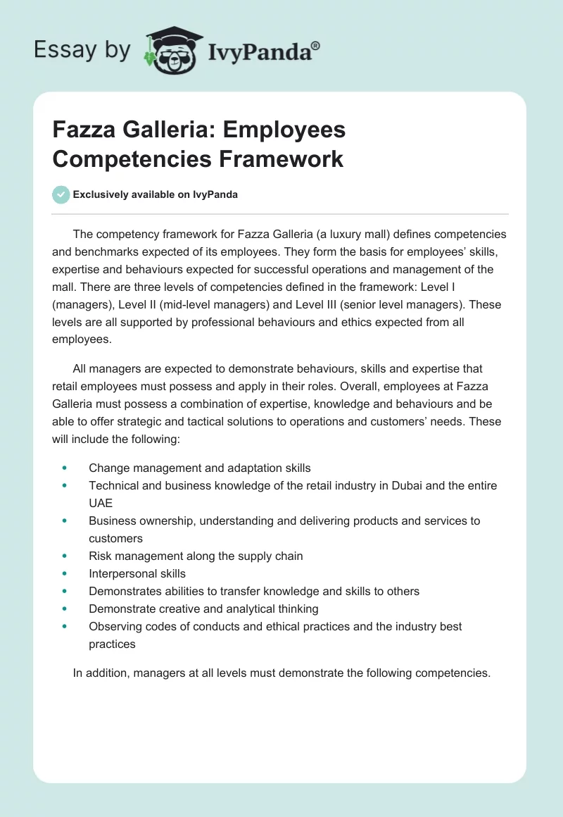 Fazza Galleria: Employees Competencies Framework. Page 1