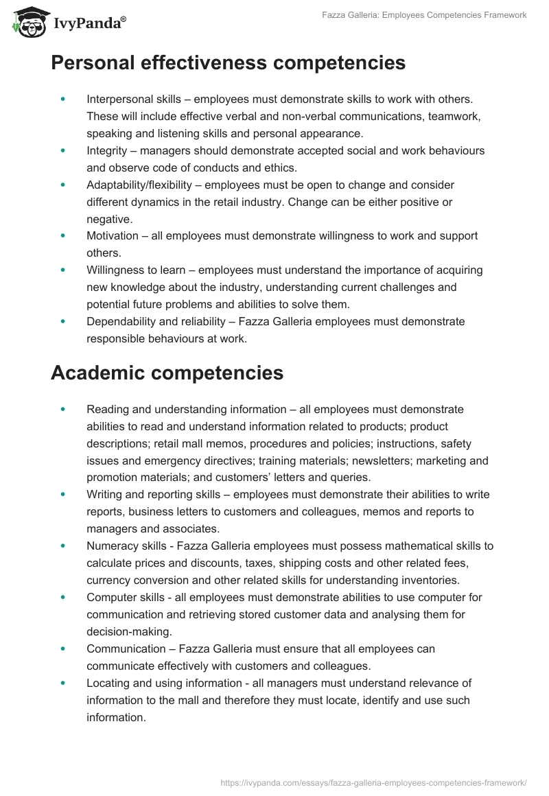 Fazza Galleria: Employees Competencies Framework. Page 2