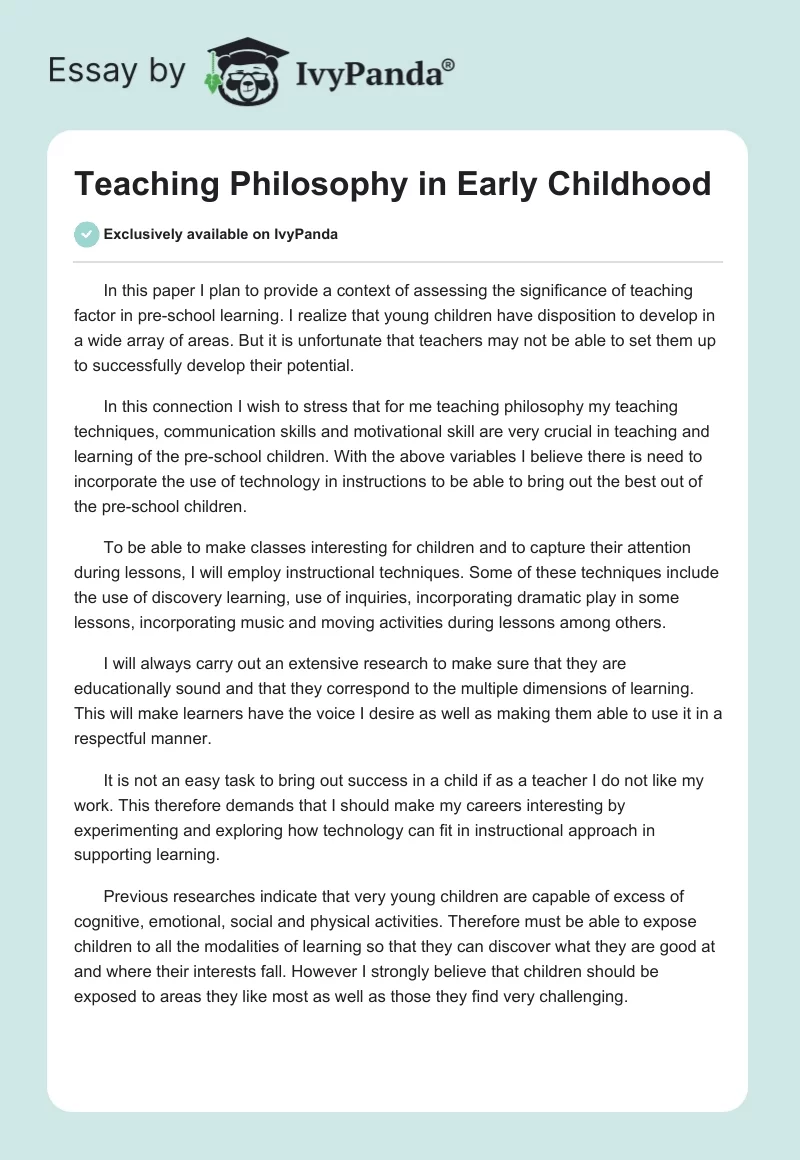Teaching Philosophy in Early Childhood. Page 1