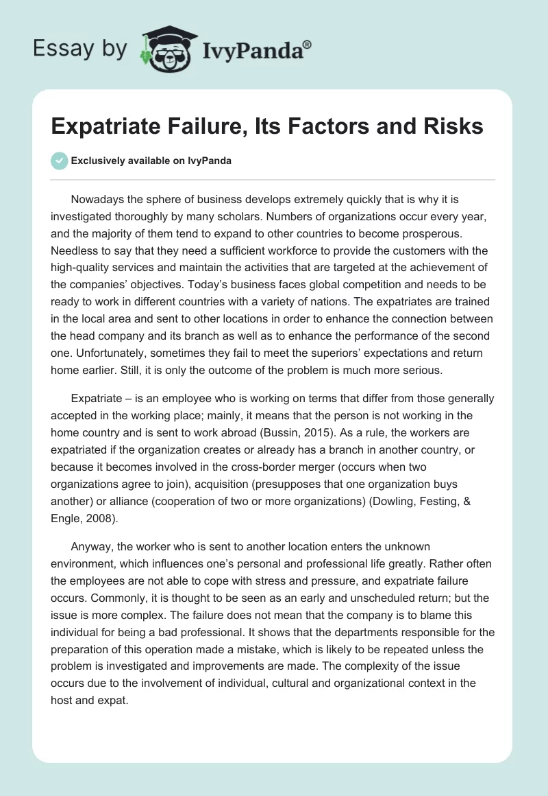 Expatriate Failure, Its Factors and Risks. Page 1