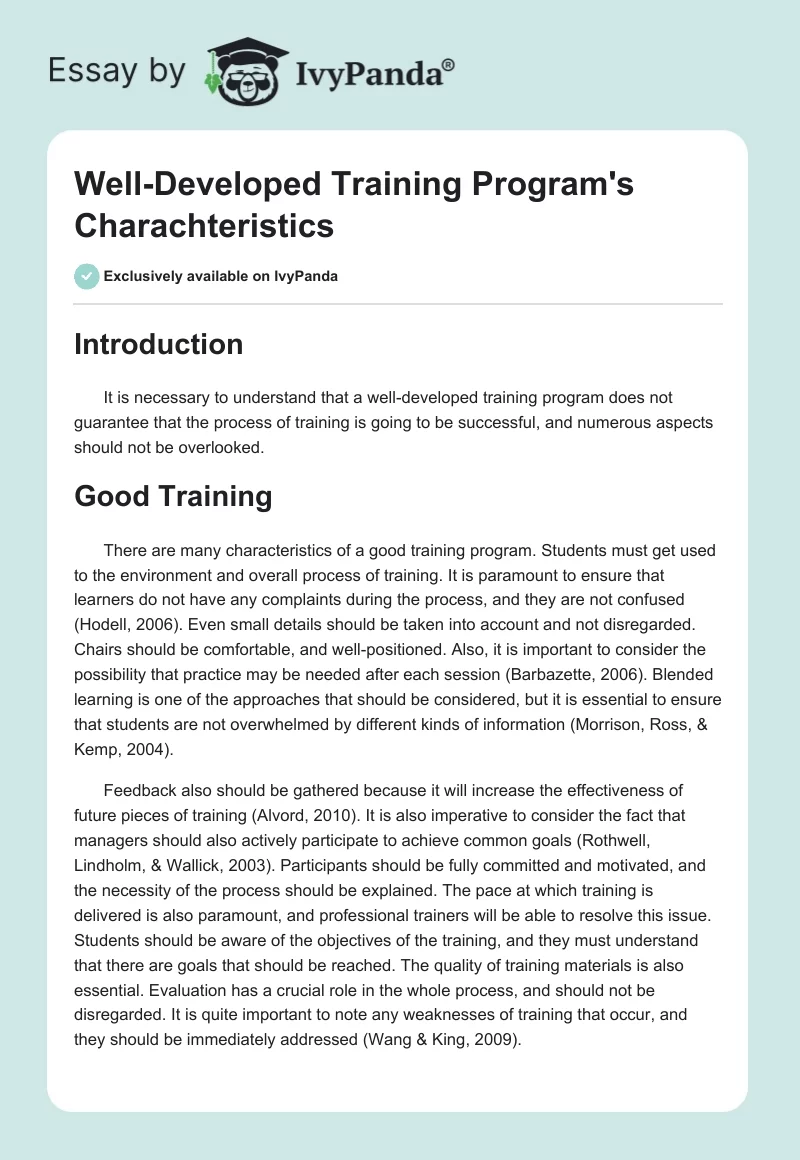 Well-Developed Training Program's Charachteristics. Page 1