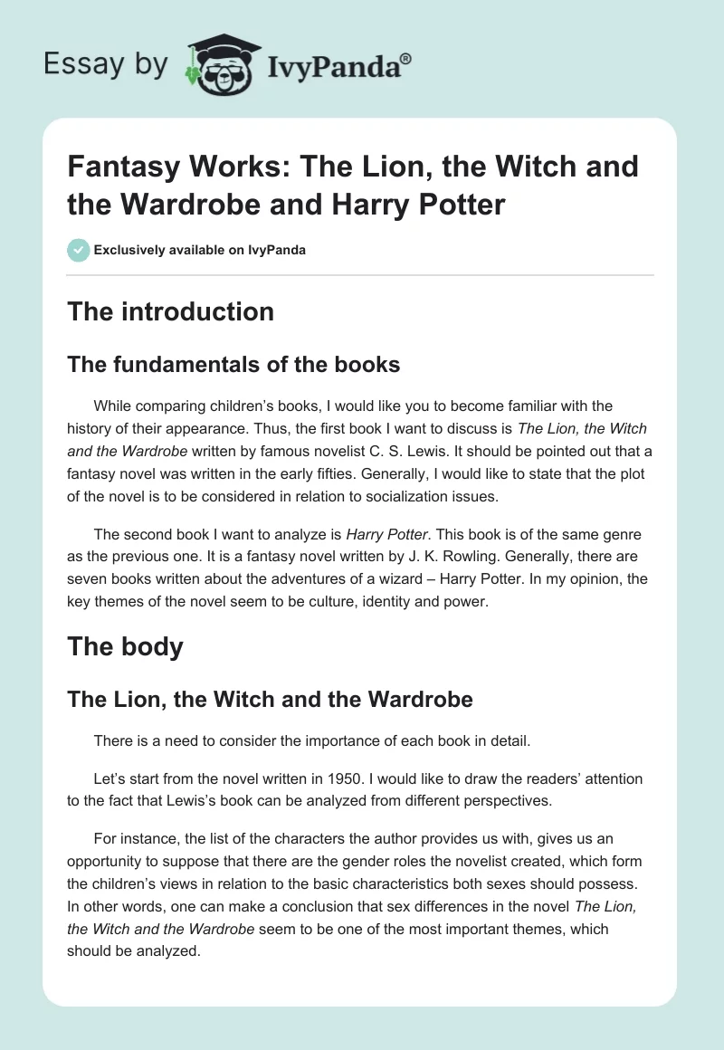 Fantasy Works: "The Lion, the Witch and the Wardrobe" and "Harry Potter". Page 1