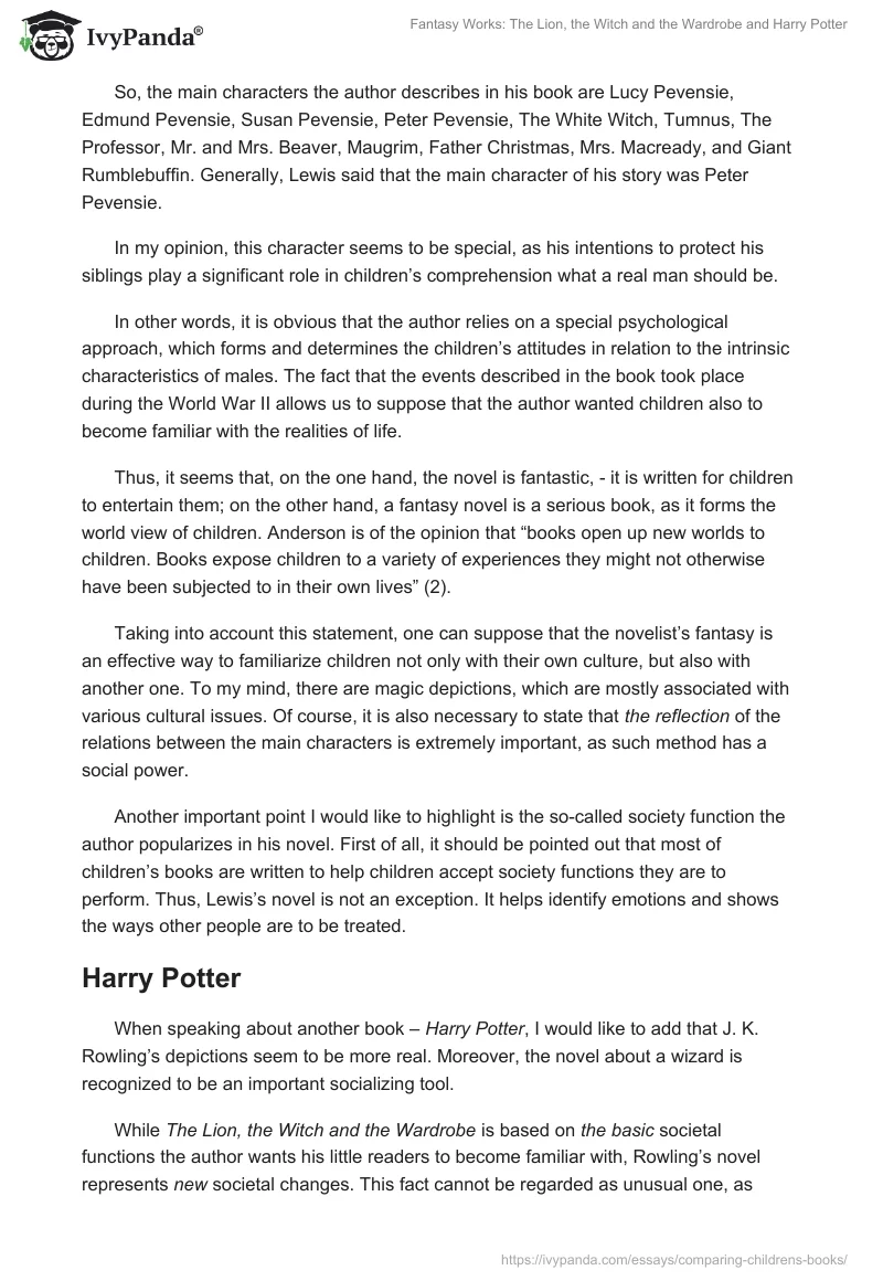 Fantasy Works: "The Lion, the Witch and the Wardrobe" and "Harry Potter". Page 2
