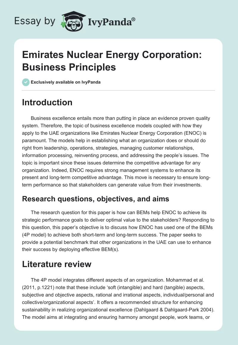 Emirates Nuclear Energy Corporation: Business Principles. Page 1