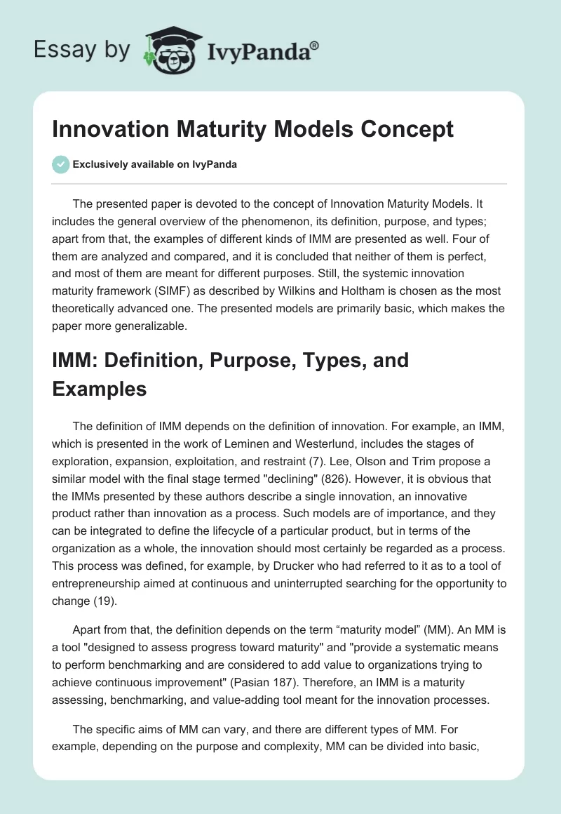 Innovation Maturity Models Concept. Page 1