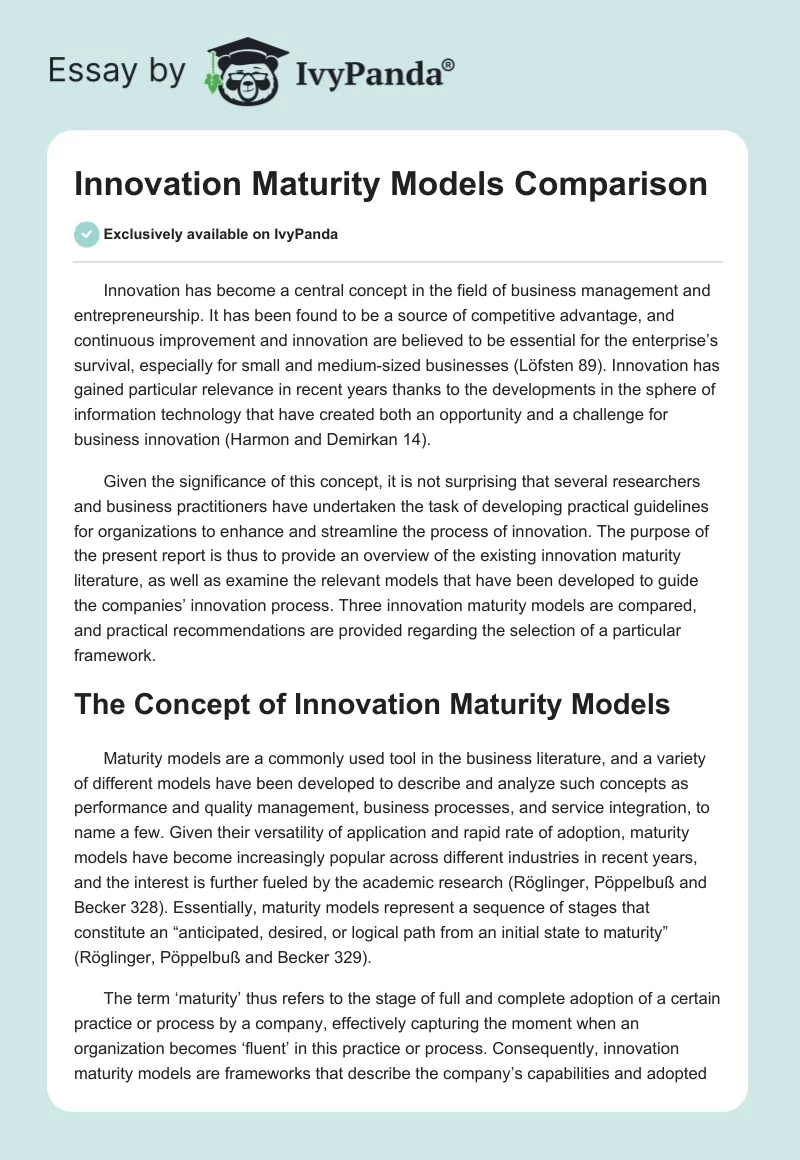 Innovation Maturity Models Comparison. Page 1