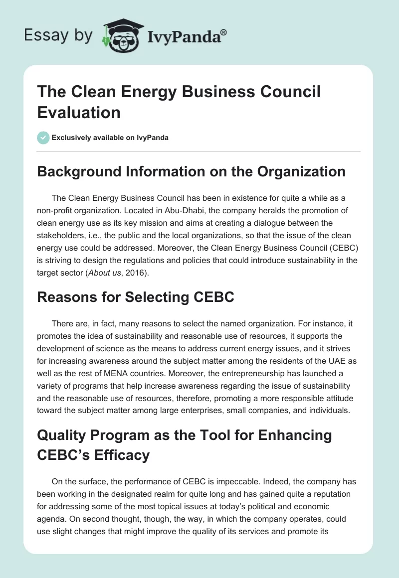 The Clean Energy Business Council Evaluation. Page 1