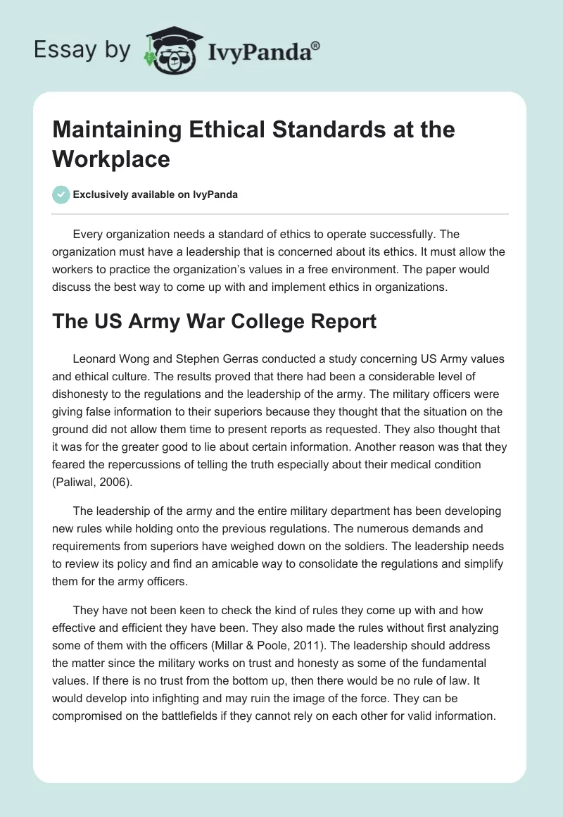 Maintaining Ethical Standards at the Workplace. Page 1