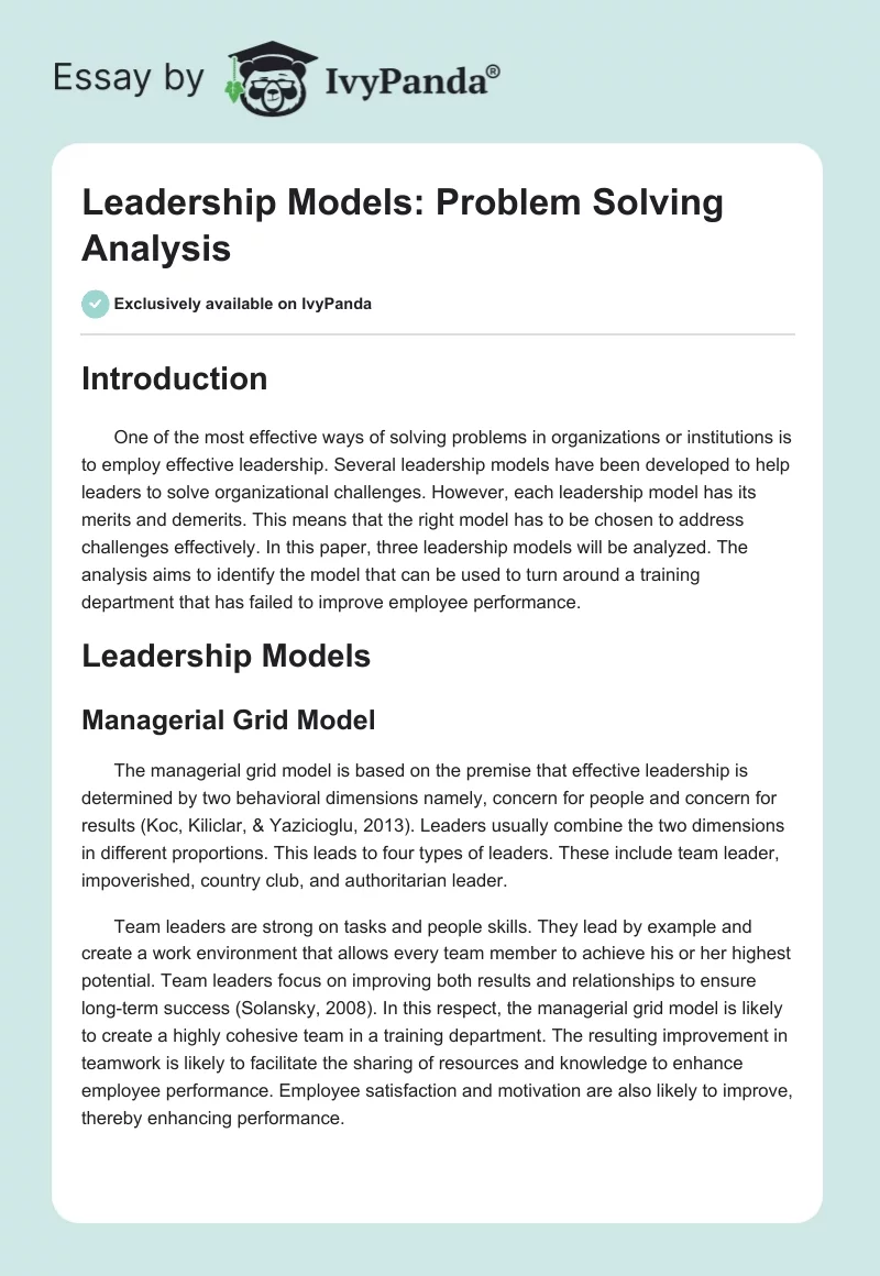 Leadership Models: Problem Solving Analysis. Page 1
