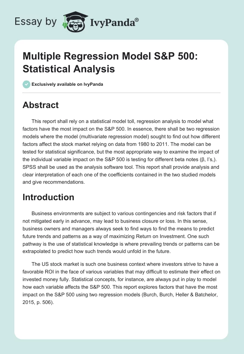 Multiple Regression Model S&P 500: Statistical Analysis. Page 1