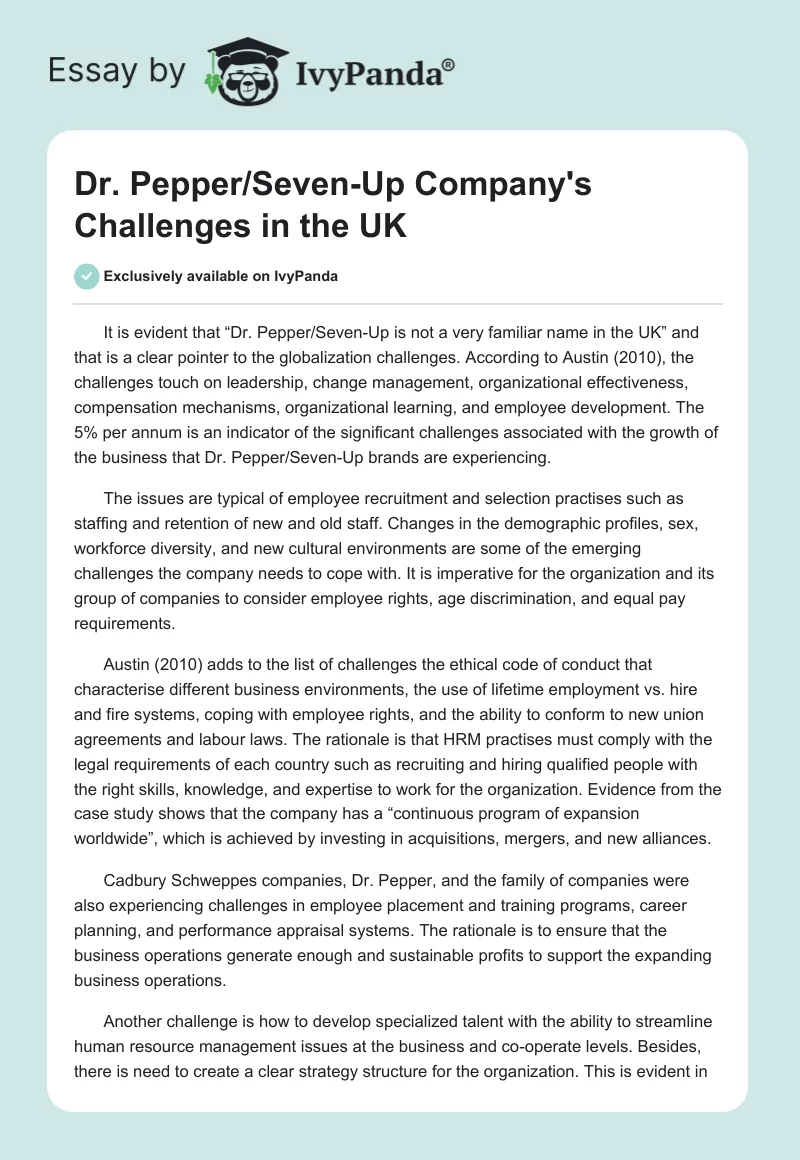 Dr. Pepper/Seven-Up Company's Challenges in the UK. Page 1