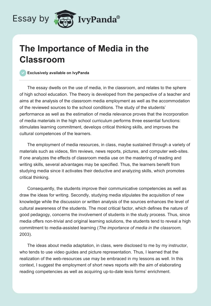 The Importance of Media in the Classroom. Page 1