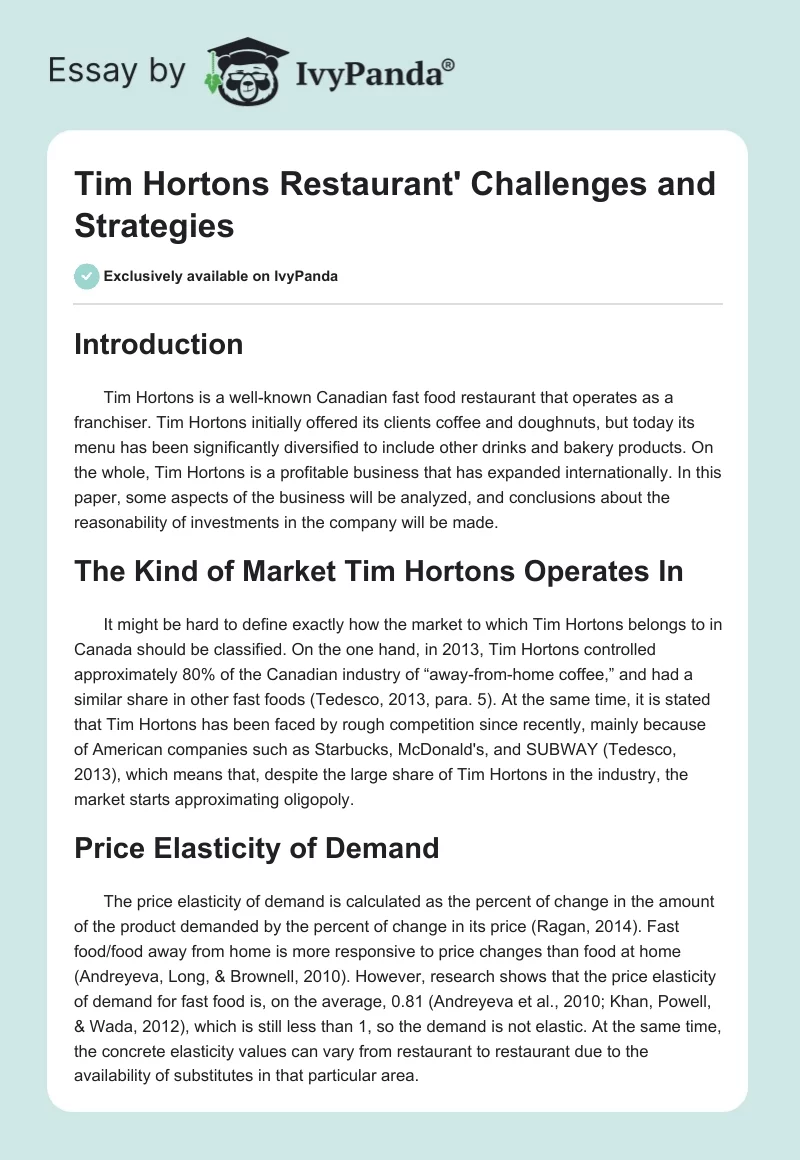 Tim Hortons Restaurant' Challenges and Strategies. Page 1