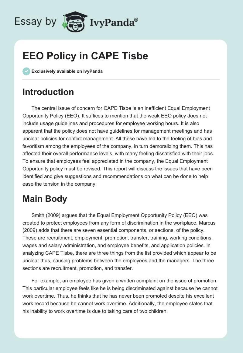 EEO Policy in CAPE Tisbe. Page 1