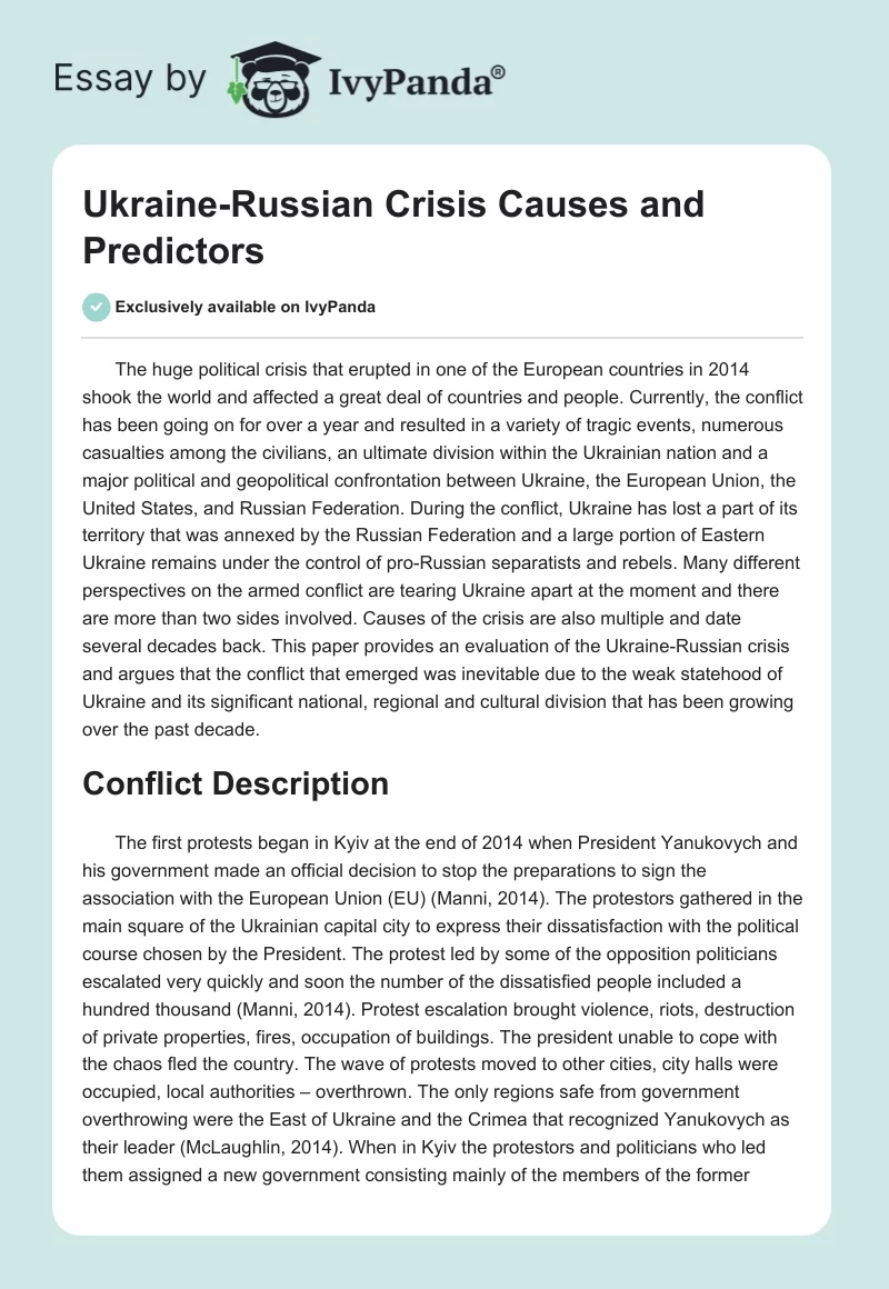 Ukraine-Russian Crisis Causes and Predictors. Page 1