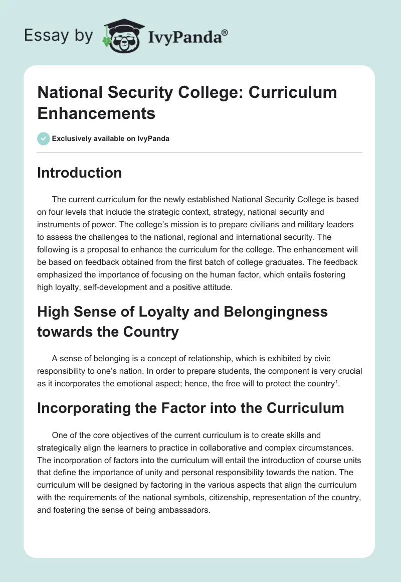 National Security College: Curriculum Enhancements. Page 1
