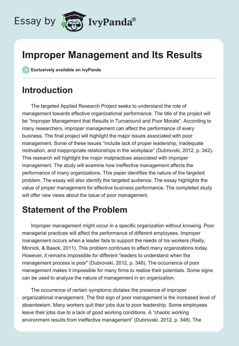Improper Management and Its Results. Page 1