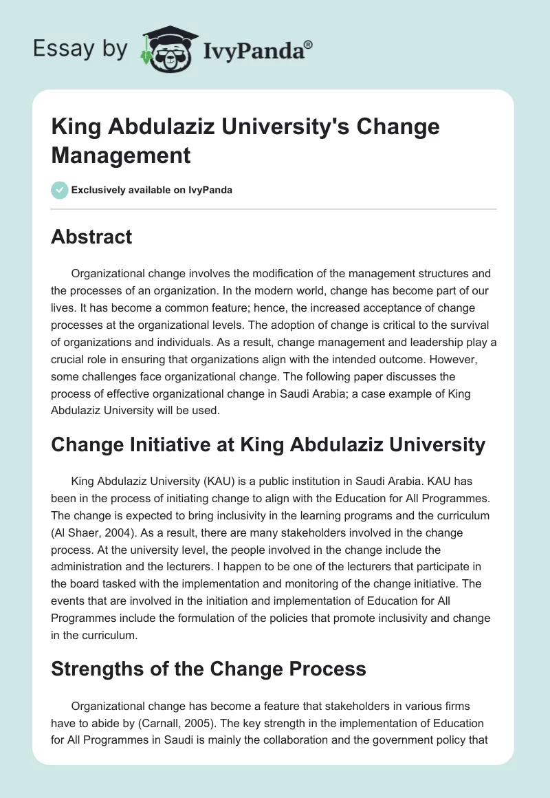 King Abdulaziz University's Change Management. Page 1