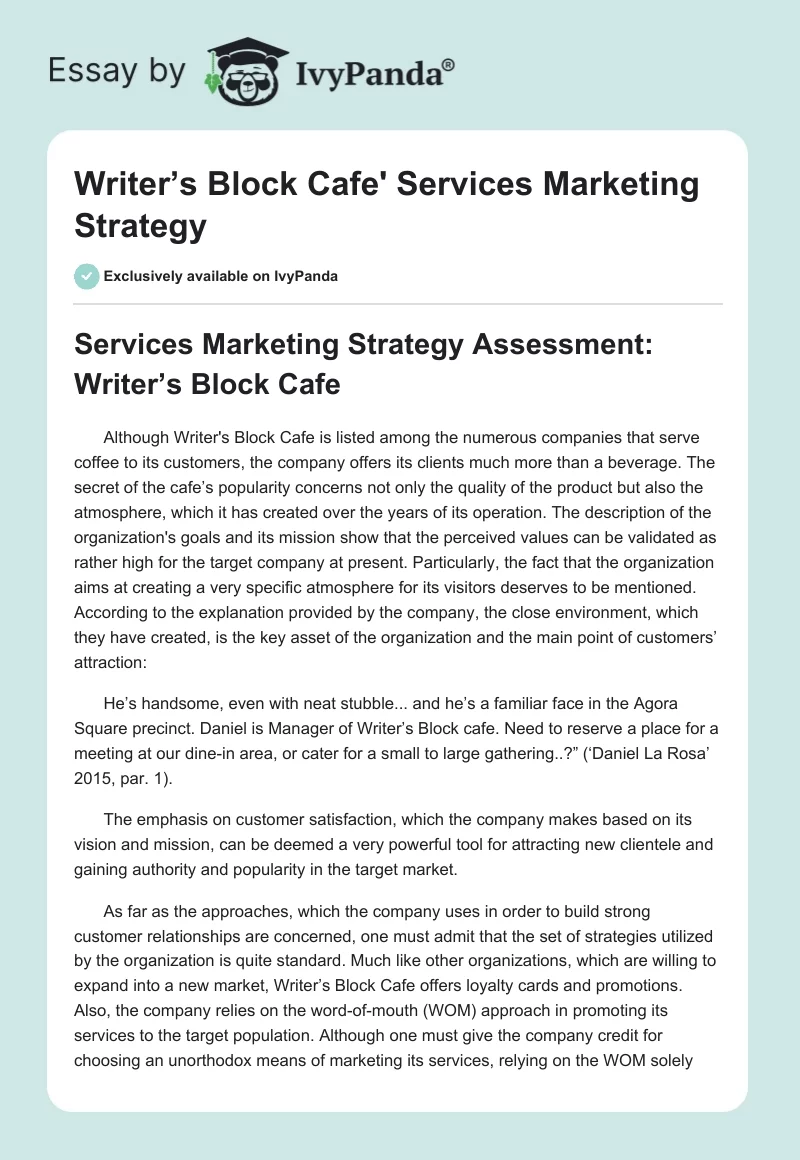 Writer’s Block Cafe' Services Marketing Strategy. Page 1