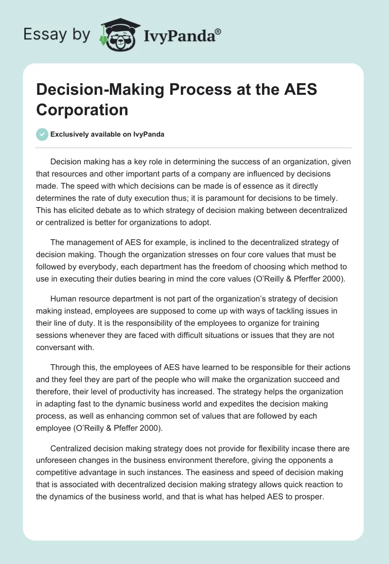 Decision-Making Process at the AES Corporation. Page 1