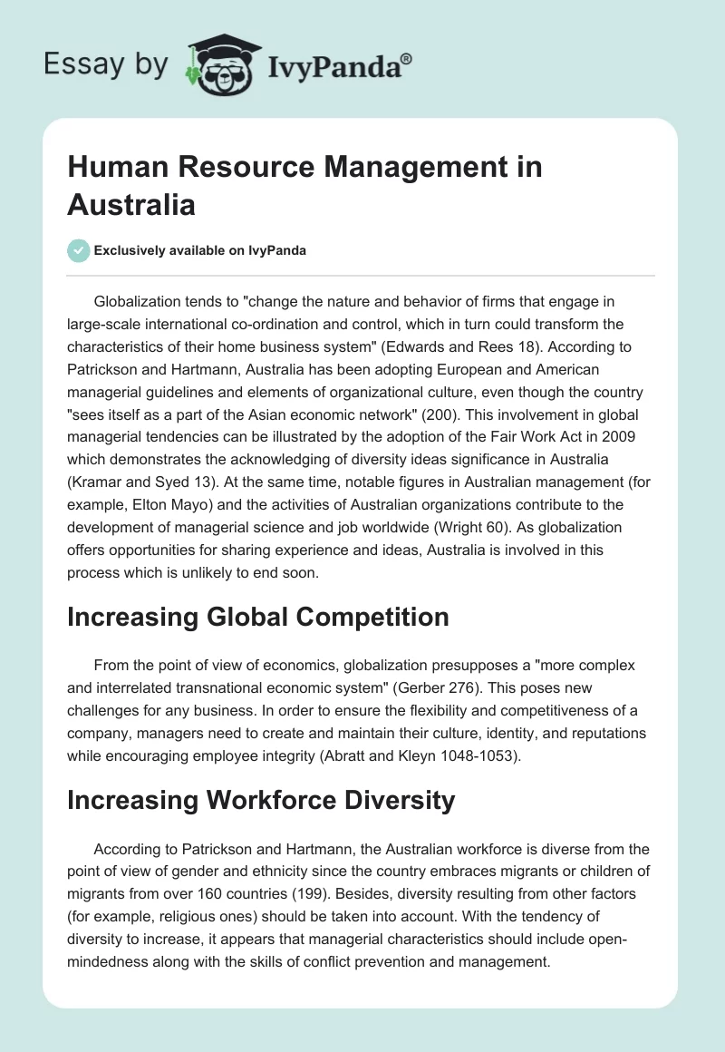 Human Resource Management in Australia. Page 1