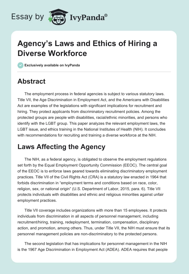 Agency’s Laws and Ethics of Hiring a Diverse Workforce. Page 1