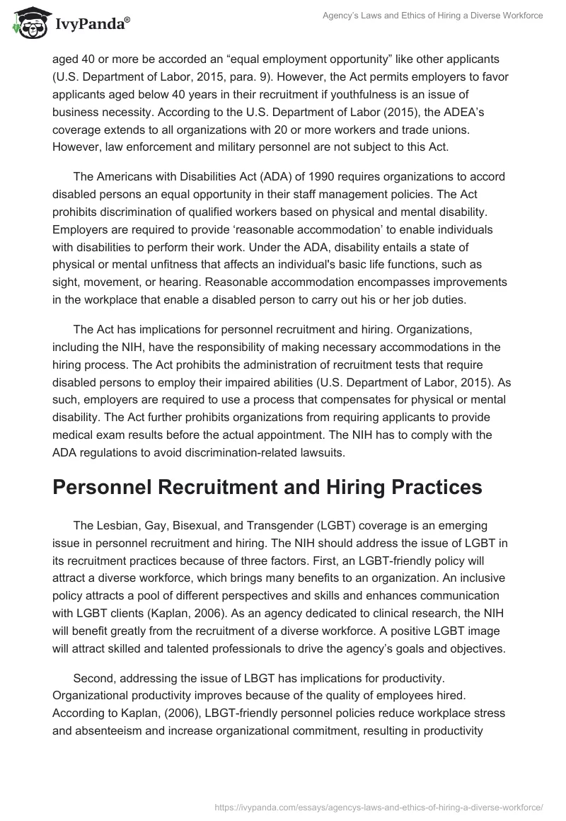 Agency’s Laws and Ethics of Hiring a Diverse Workforce. Page 2