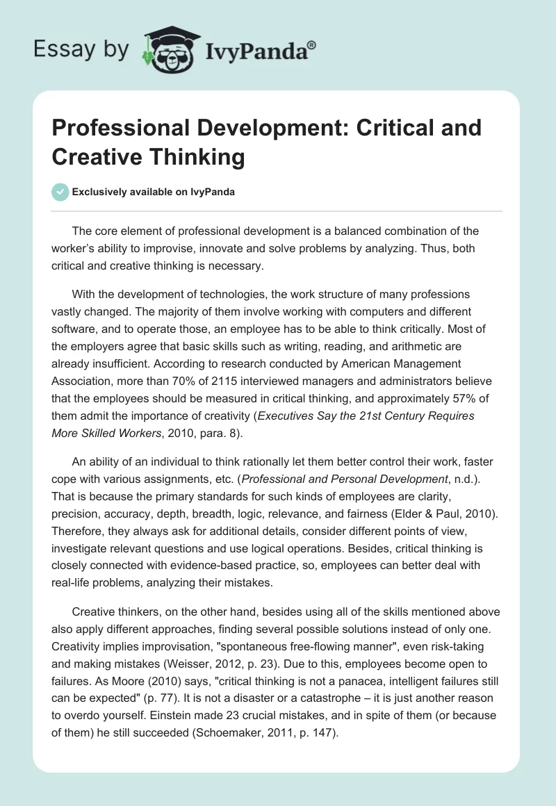Professional Development: Critical and Creative Thinking. Page 1