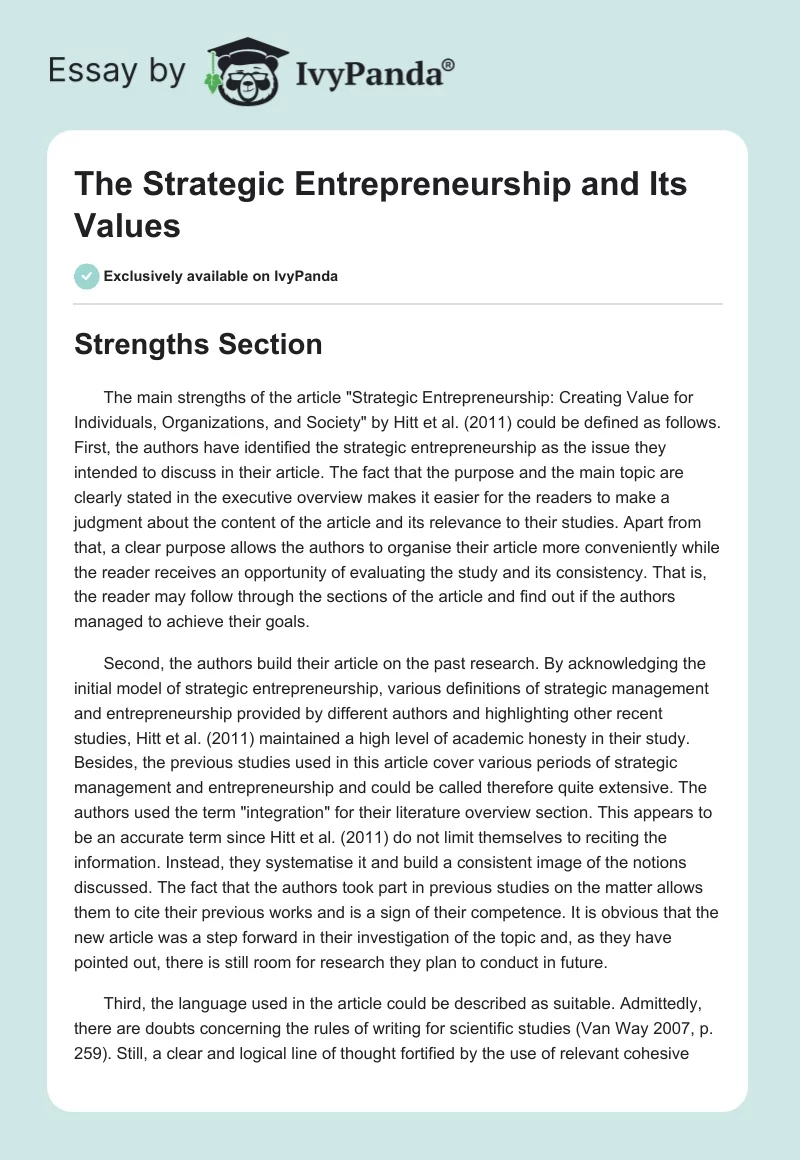 The Strategic Entrepreneurship and Its Values. Page 1