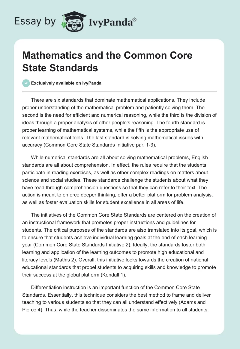 Mathematics and the Common Core State Standards. Page 1