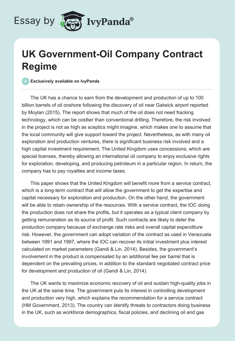 UK Government-Oil Company Contract Regime. Page 1