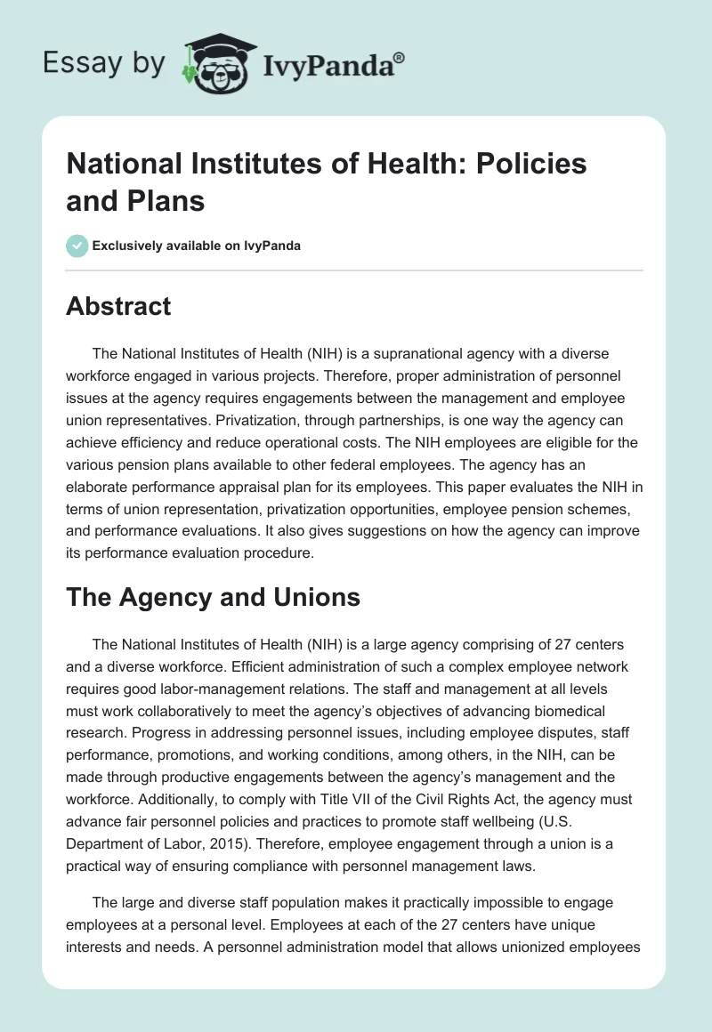 National Institutes of Health: Policies and Plans. Page 1