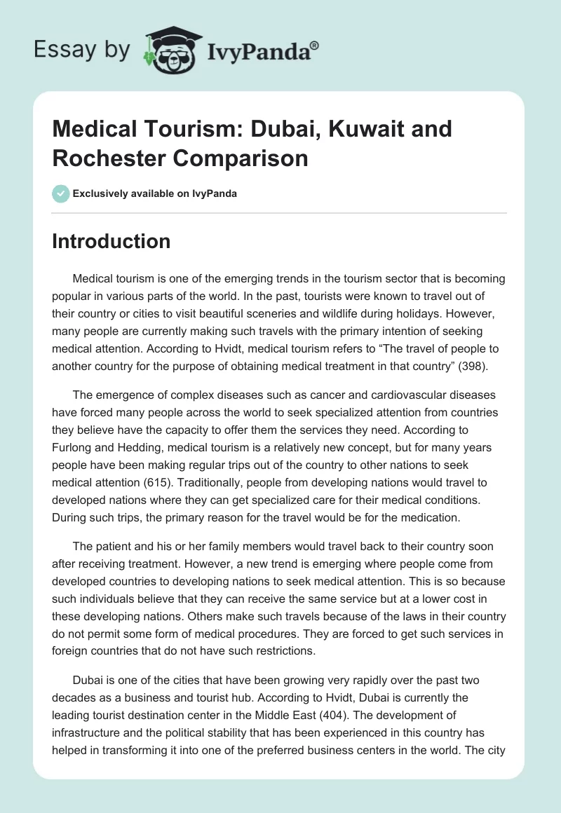Medical Tourism: Dubai, Kuwait and Rochester Comparison. Page 1