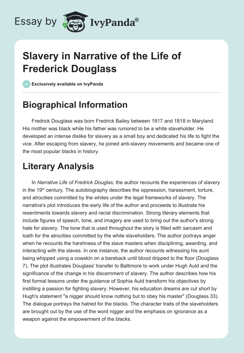 Slavery in "Narrative of the Life of Frederick Douglass". Page 1