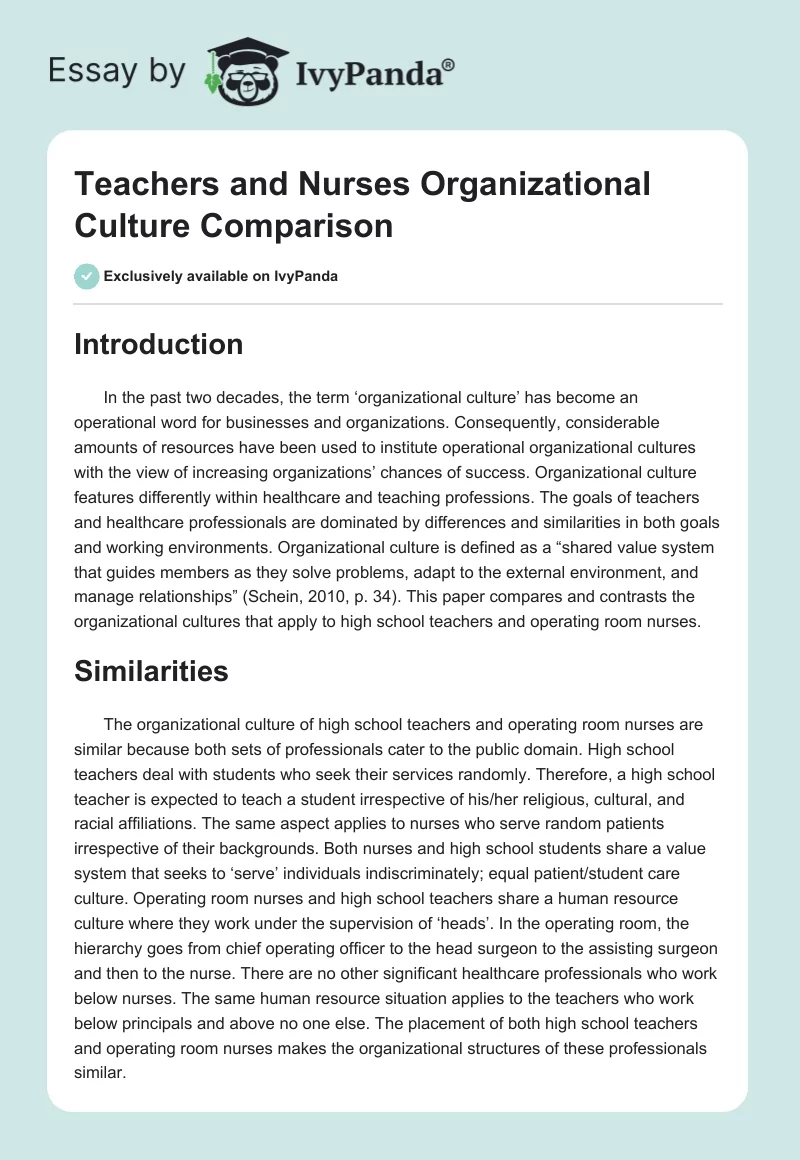 Teachers and Nurses Organizational Culture Comparison. Page 1