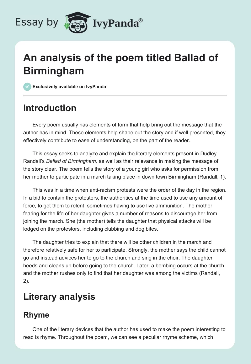 An analysis of the poem titled Ballad of Birmingham. Page 1